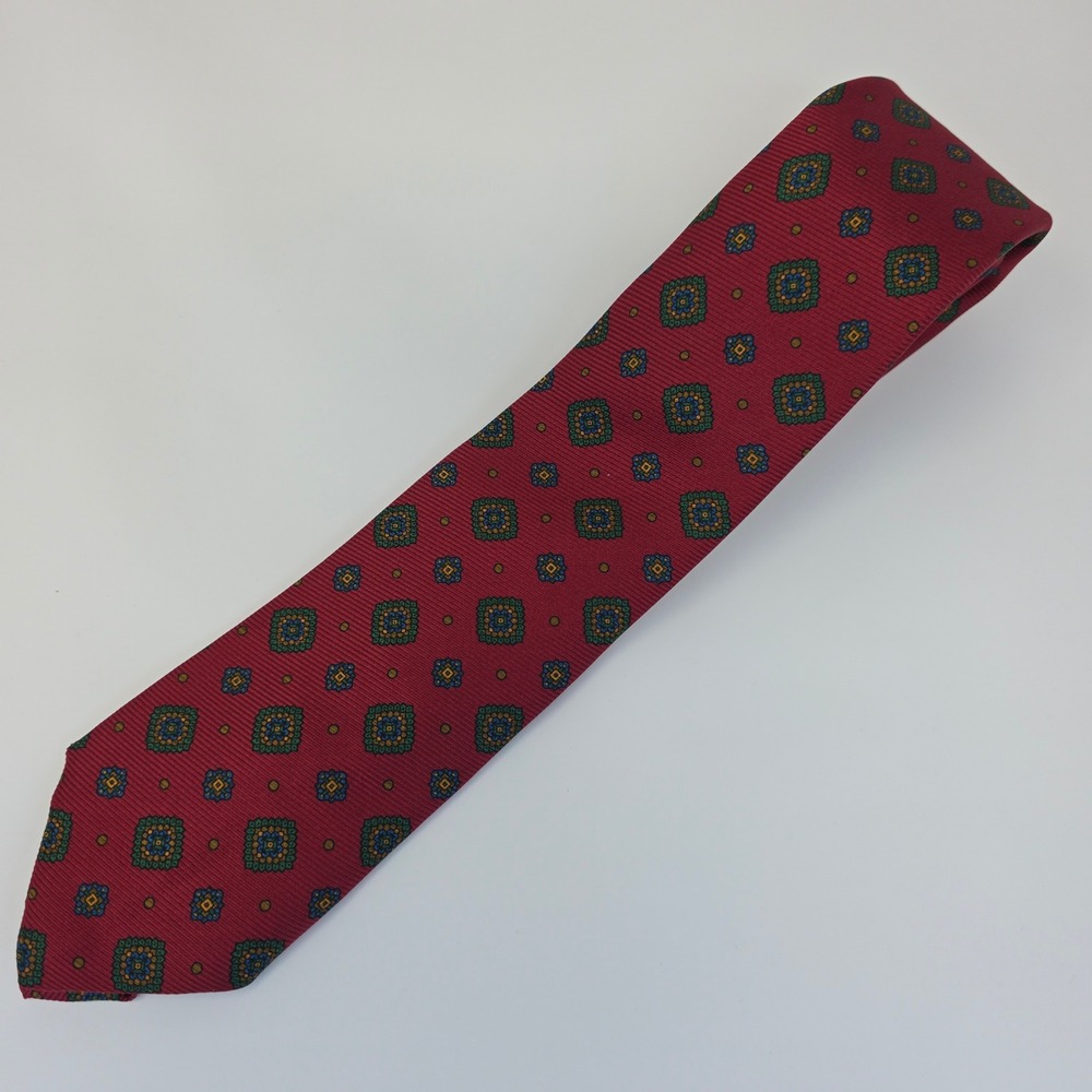 Polo Ralph Lauren Tie Mens OS Burgundy Red Silk‎ Foulard Medallion Handmade USA